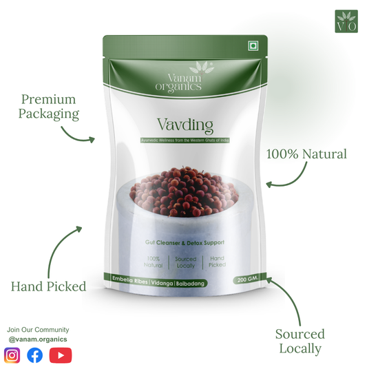 A stand-up pouch of Vandan Organics Vavding gut cleanser and detox support, shown on a white background with marketing callouts reading 'Premium Packaging,' '100% Natural,' 'Hand Picked,' and 'Sourced Locally.' The pouch is mostly white and green with a photo of dark red beans on the front.