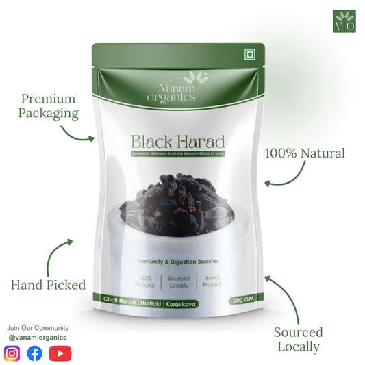 A stand-up pouch of Vanam Organics Black Harad shown on a light gray background with decorative text callouts reading 'Premium Packaging,' '100% Natural,' 'Hand Picked,' 'Sourced Locally,' and social media icons at the bottom left.