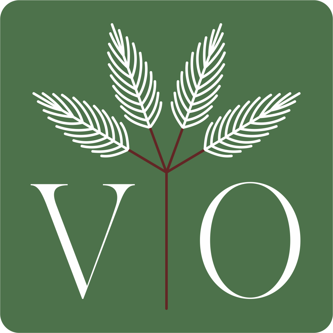 Logo with initials 'VO' and leaf design on a green background